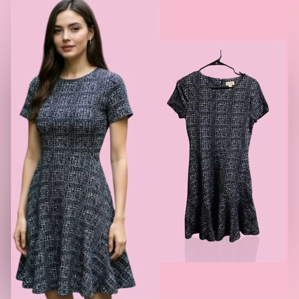 Maison Jules Black and White Tweed Fit-and-Flare Short Sleeve Dress